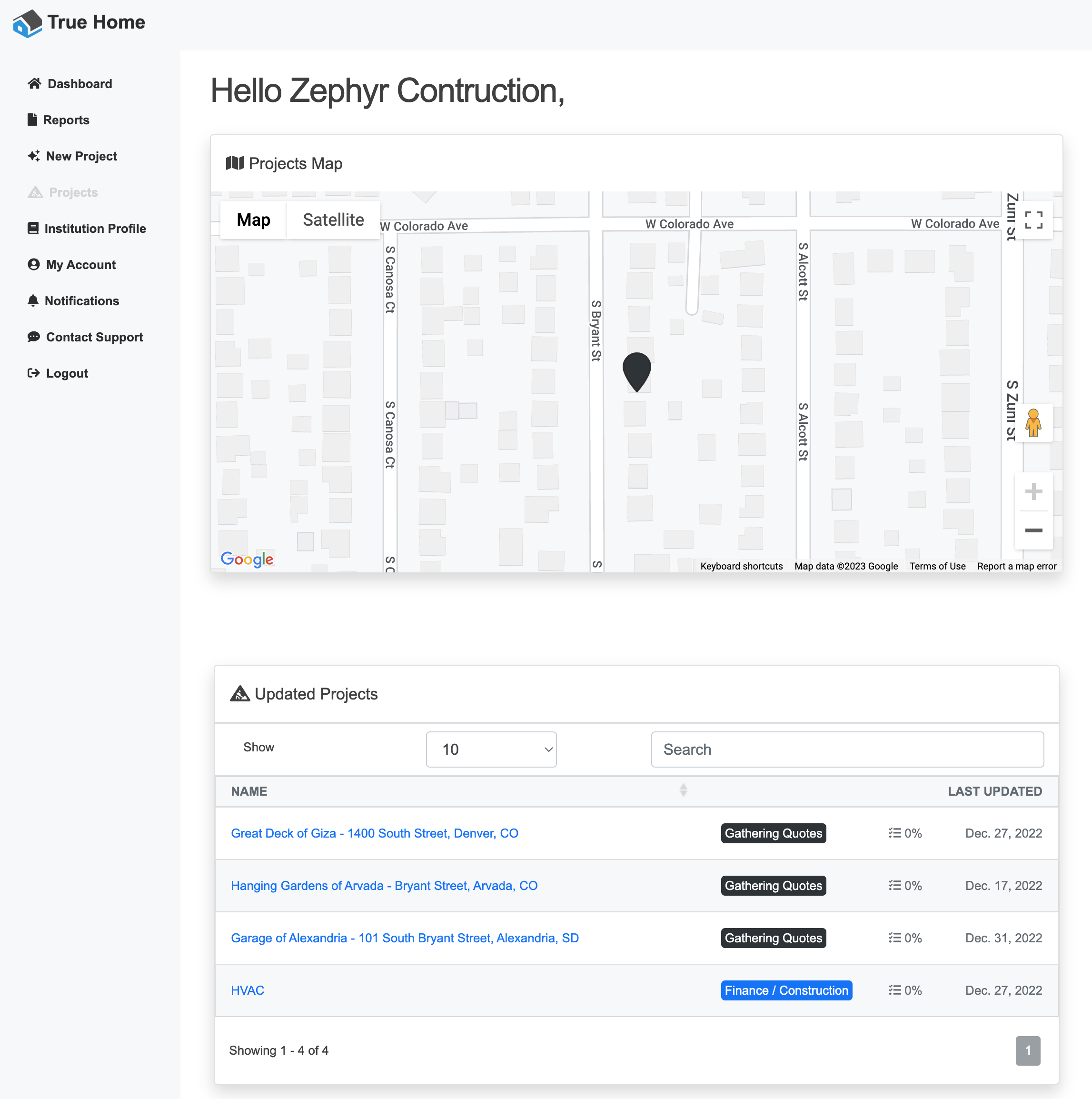 True Contractor dashboard